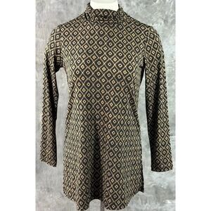 Susan Graver Liquid Knit Black & Brown Diamond Print Mock T/N Top sz XXS (15755)